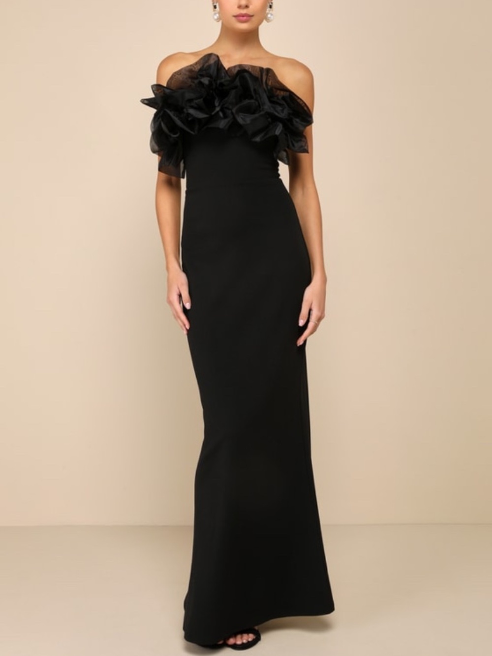 Lulus Evening Excellence Black Ruffled Strapless Mermaid Maxi Dress - Size S